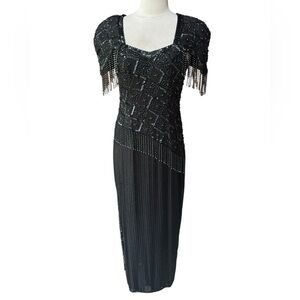 1980s does 20s Flapper Style Nadine Boutique 100% Silk Beaded Fringe Sequin Gown